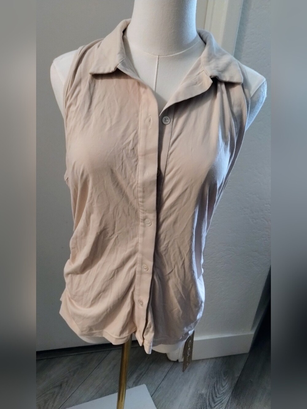 OGL Sleeveless Button-Down Top in Light Beige
